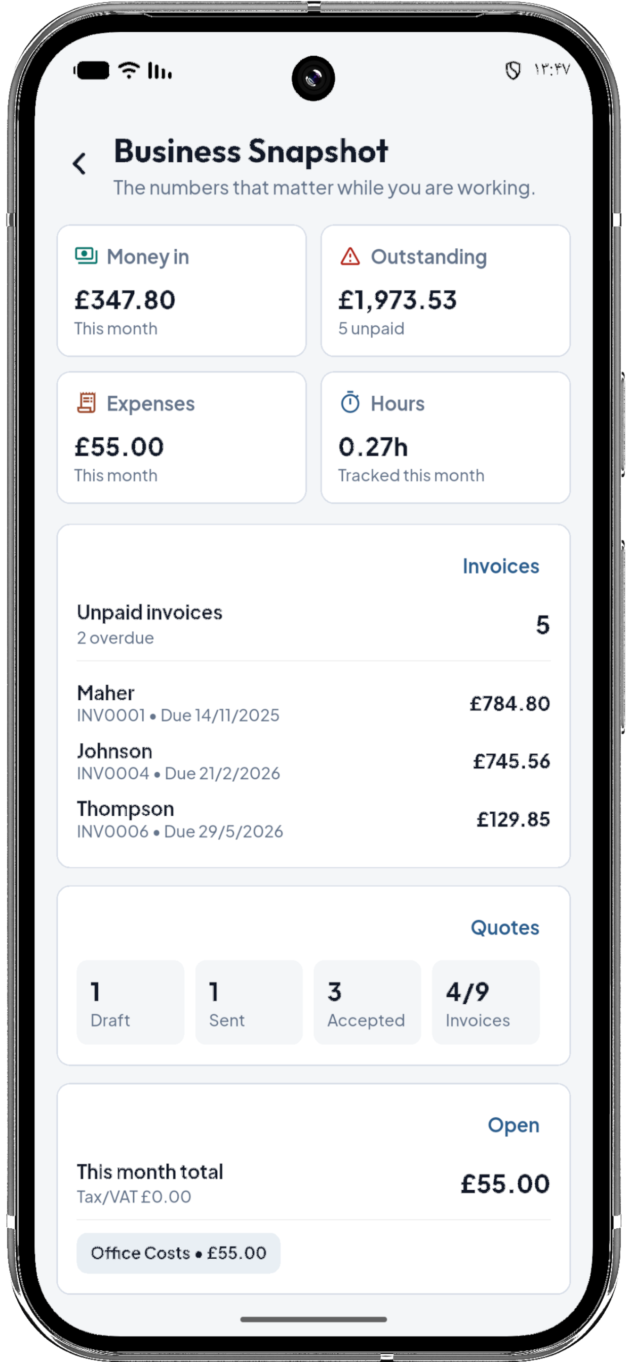 Virgol business snapshot screen